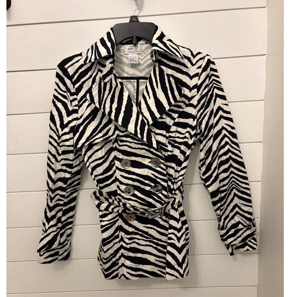 Just B Zebra Print Trench Coat Women's Small Belted Double Breasted Animal‎